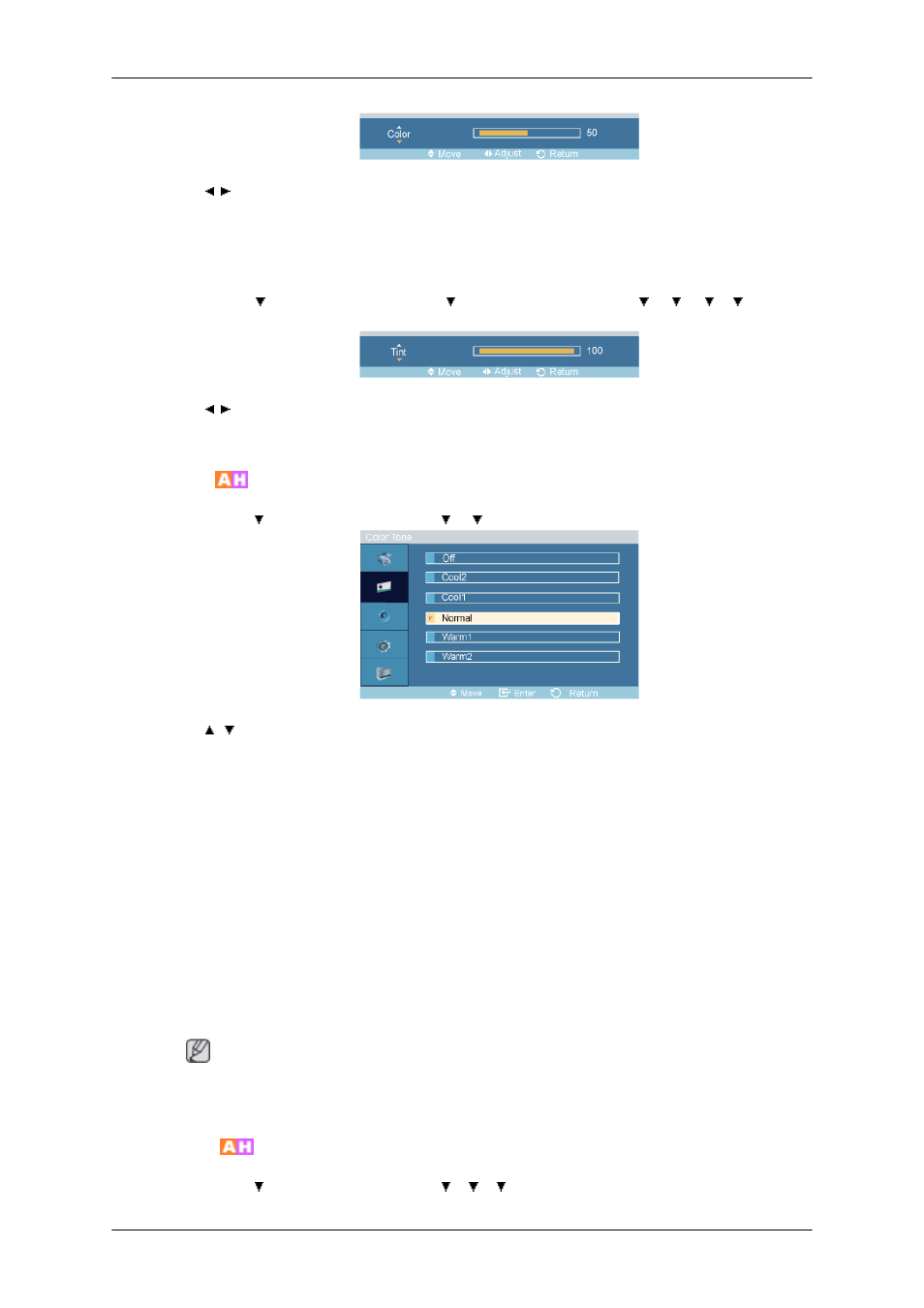 Tint, Color tone, Color temp | Samsung 400TSn User Manual | Page 62 / 115