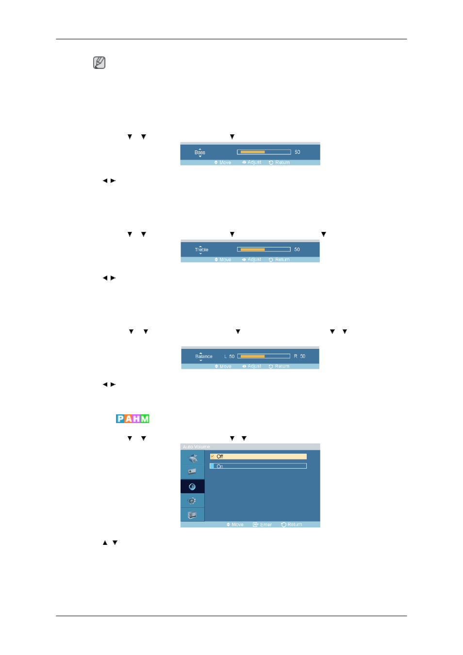 Bass, Treble, Balance | Auto volume | Samsung 400TSn User Manual | Page 66 / 115