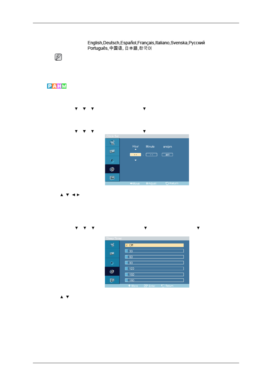 Time, Clock set, Sleep timer | Samsung 400TSn User Manual | Page 68 / 115