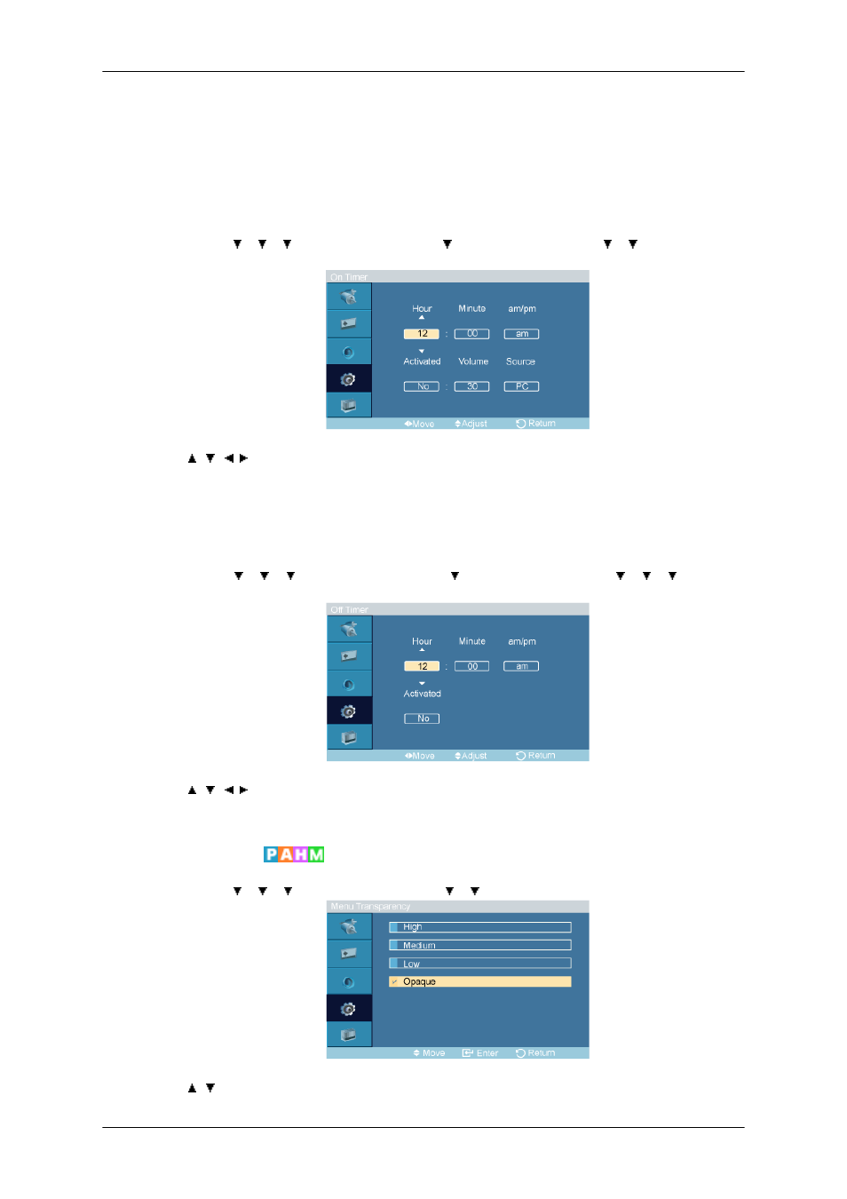 On timer, Off timer, Menu transparency | Samsung 400TSn User Manual | Page 69 / 115