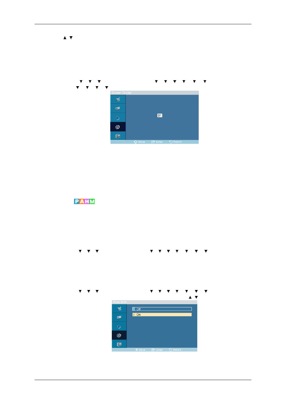 Screen divider, Safety screen, Pixel shift | Samsung 400TSn User Manual | Page 73 / 115