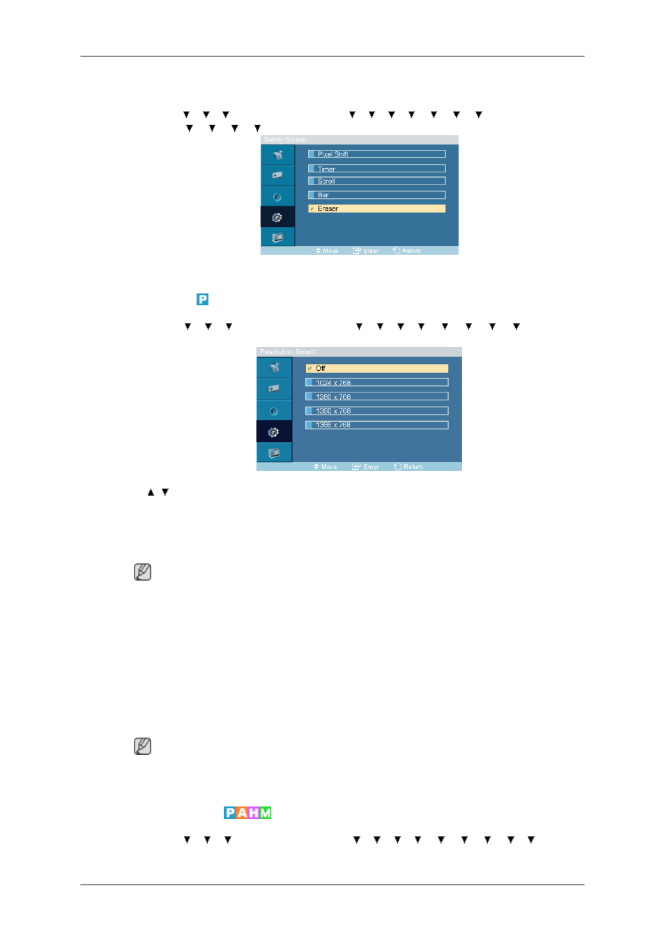 Eraser, Resolution select, Power on adjustment | Samsung 400TSn User Manual | Page 77 / 115