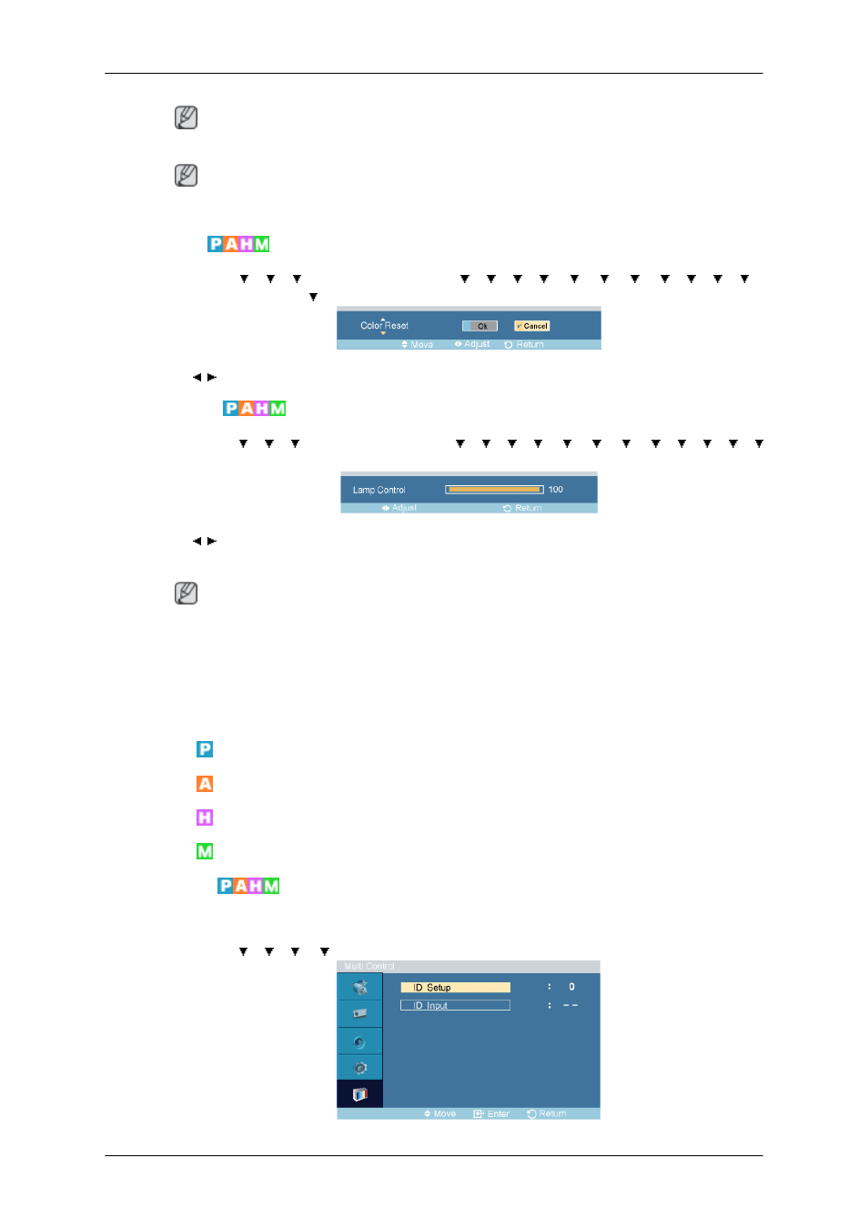 Color reset, Lamp control, Multi control | Samsung 400TSn User Manual | Page 79 / 115