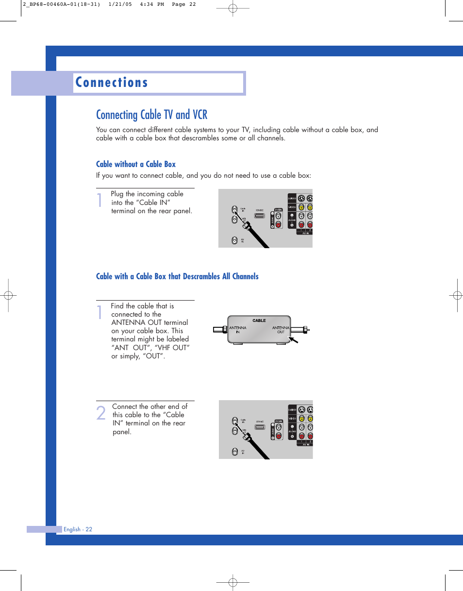 Connecting cable tv and vcr, Cable without a cable box, Connections | Samsung HL-R4677W User Manual | Page 22 / 104