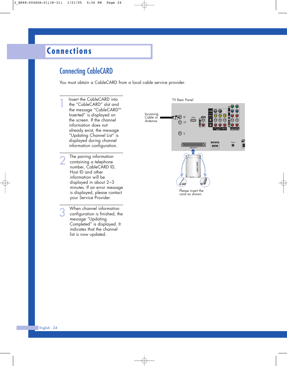 Connecting cablecard, Connections | Samsung HL-R4677W User Manual | Page 24 / 104