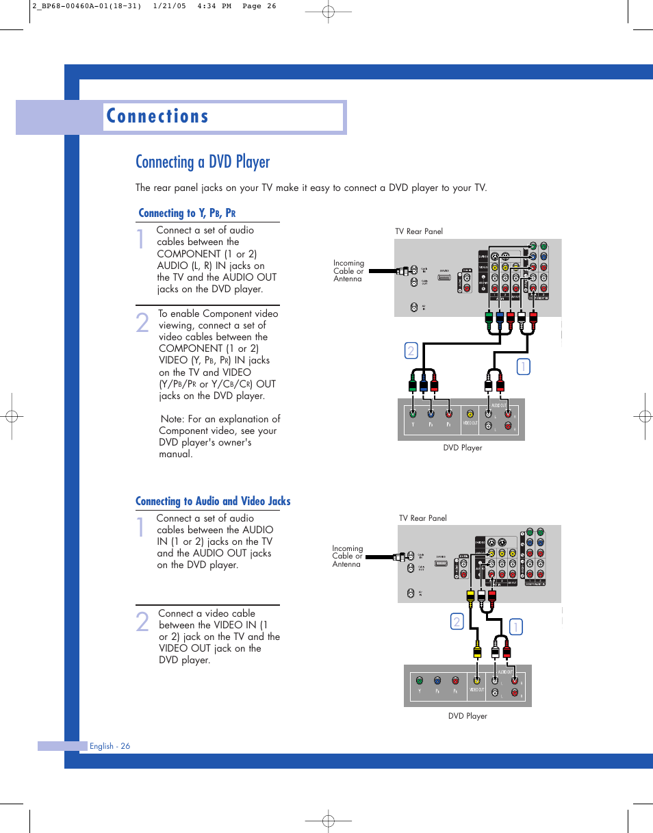 Connecting a dvd player, Connecting to y, pb, pr, Connecting to audio and video jacks | Connections | Samsung HL-R4677W User Manual | Page 26 / 104