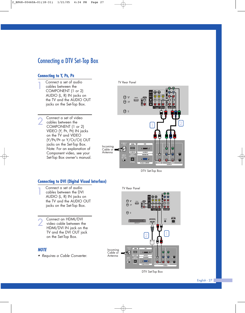 Connecting a dtv set-top box, Connecting to y, pb, pr, Connecting to dvi (digital visual interface) | Samsung HL-R4677W User Manual | Page 27 / 104