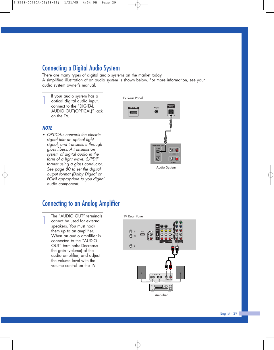Connecting a digital audio system, Connecting to an analog amplifier | Samsung HL-R4677W User Manual | Page 29 / 104