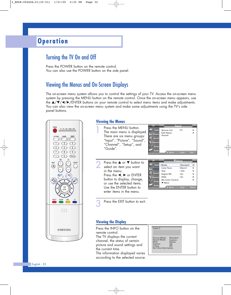 Turning the tv on and off, Viewing the menus and on-screen displays, Operation | Viewing the menus, Viewing the display | Samsung HL-R4677W User Manual | Page 32 / 104