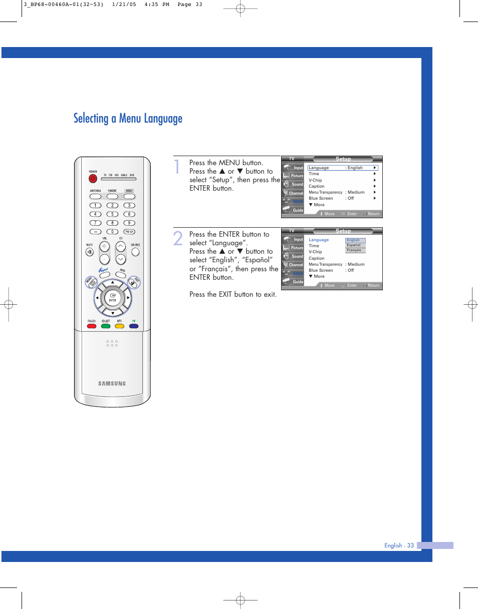 Selecting a menu language | Samsung HL-R4677W User Manual | Page 33 / 104