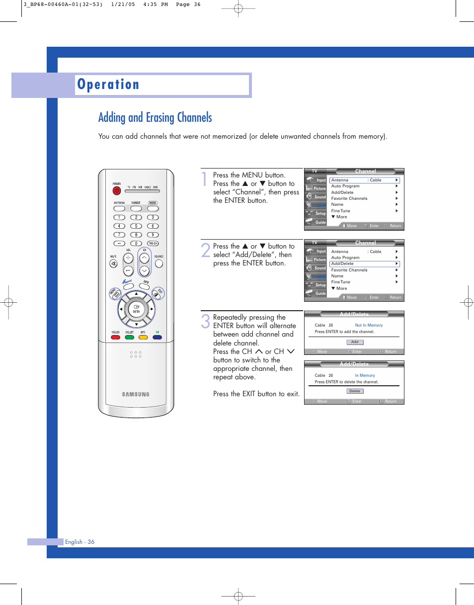 Adding and erasing channels, Operation | Samsung HL-R4677W User Manual | Page 36 / 104