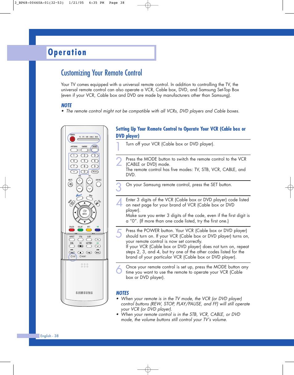 Customizing your remote control, Operation | Samsung HL-R4677W User Manual | Page 38 / 104
