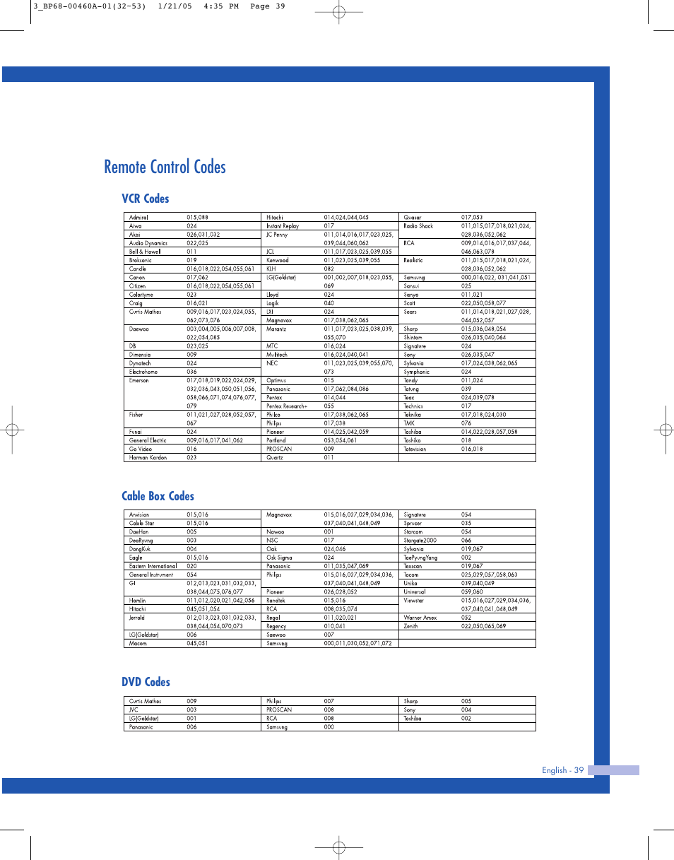 Remote control codes | Samsung HL-R4677W User Manual | Page 39 / 104