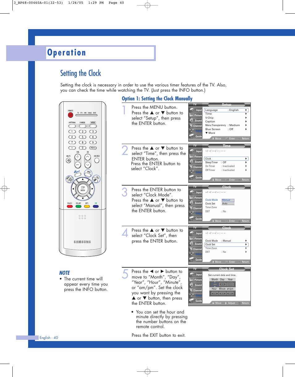 Setting the clock, Operation, Option 1: setting the clock manually | Samsung HL-R4677W User Manual | Page 40 / 104