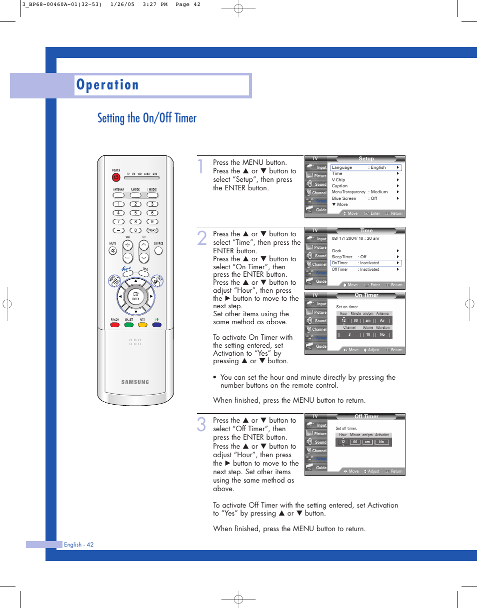 Setting the on/off timer, Operation | Samsung HL-R4677W User Manual | Page 42 / 104