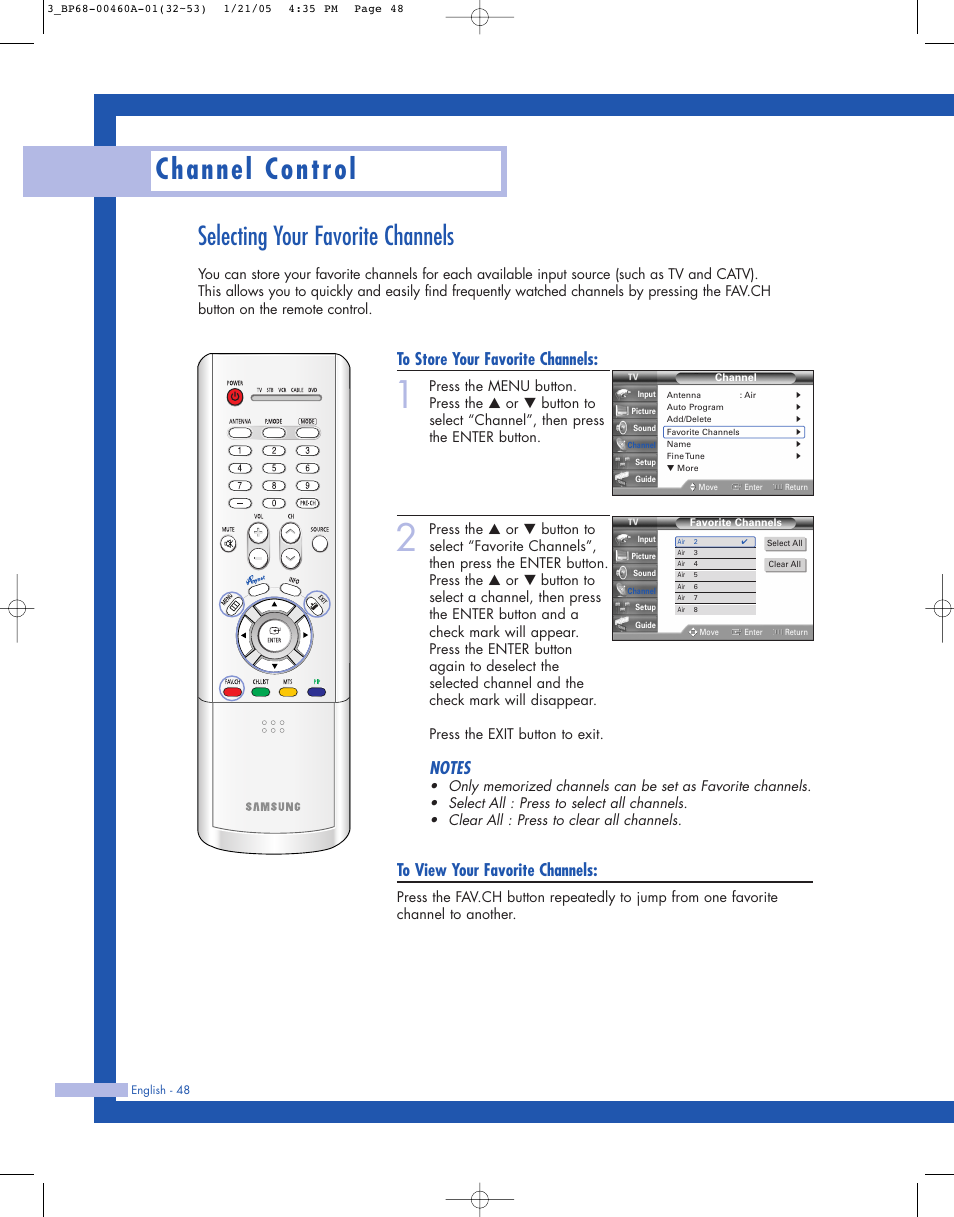 Selecting your favorite channels, Channel control | Samsung HL-R4677W User Manual | Page 48 / 104