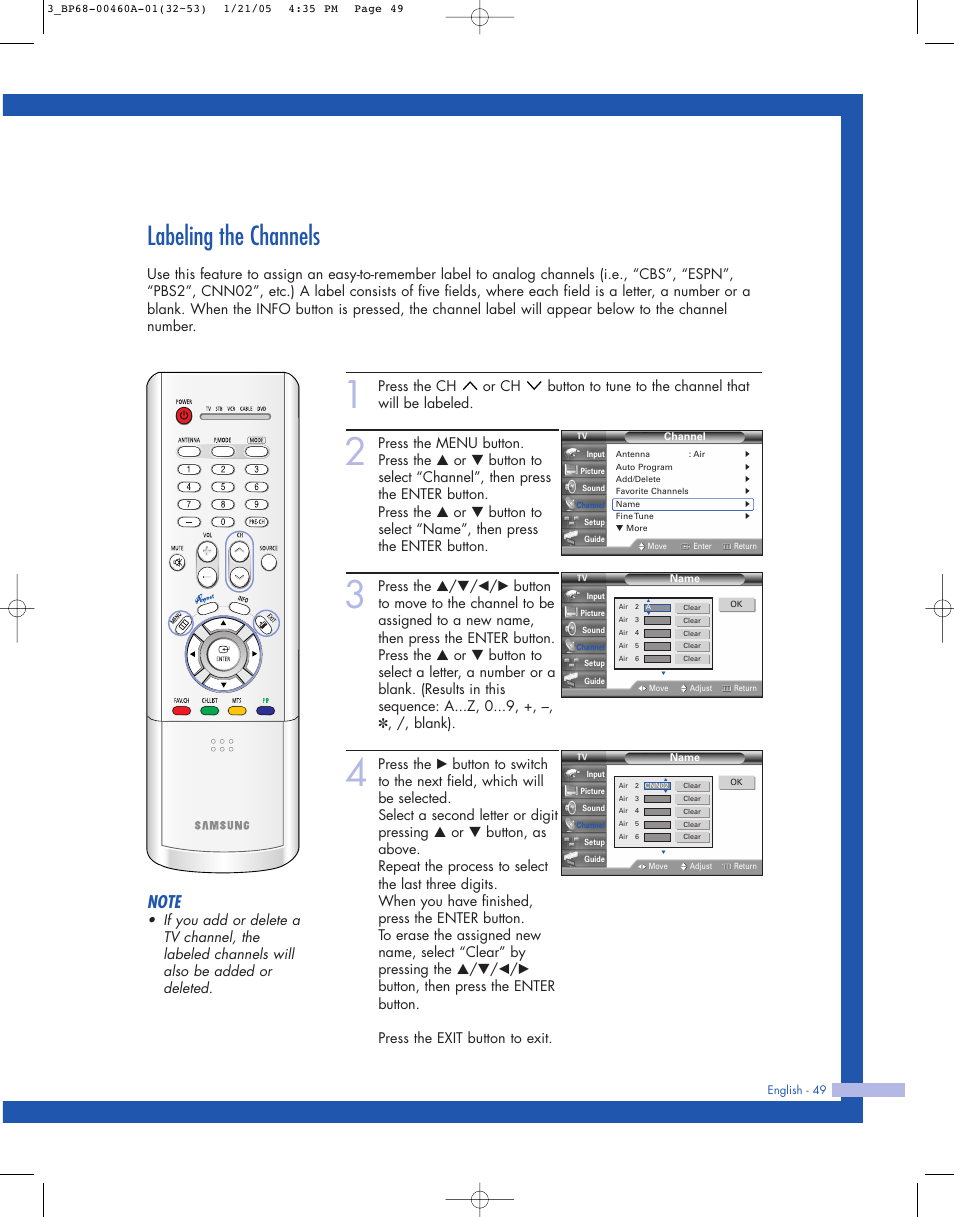 Labeling the channels | Samsung HL-R4677W User Manual | Page 49 / 104