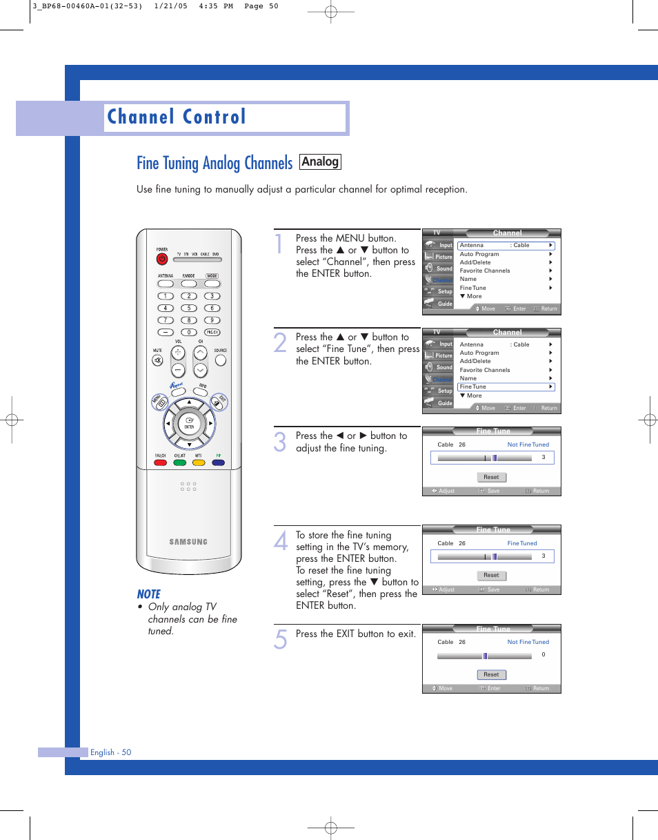 Fine tuning analog channels, Channel control, Analog | Samsung HL-R4677W User Manual | Page 50 / 104