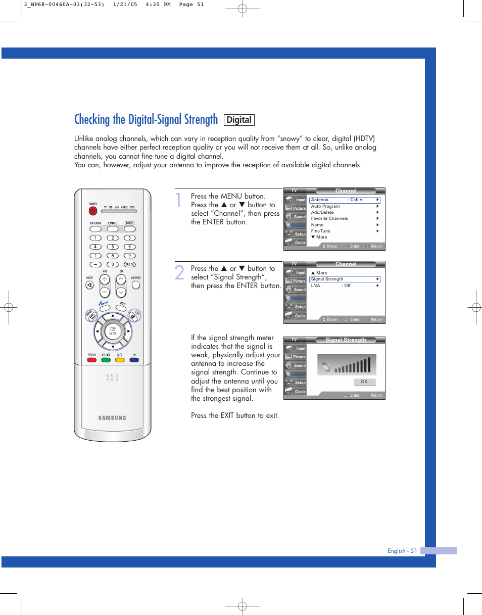 Checking the digital-signal strength, Digital | Samsung HL-R4677W User Manual | Page 51 / 104