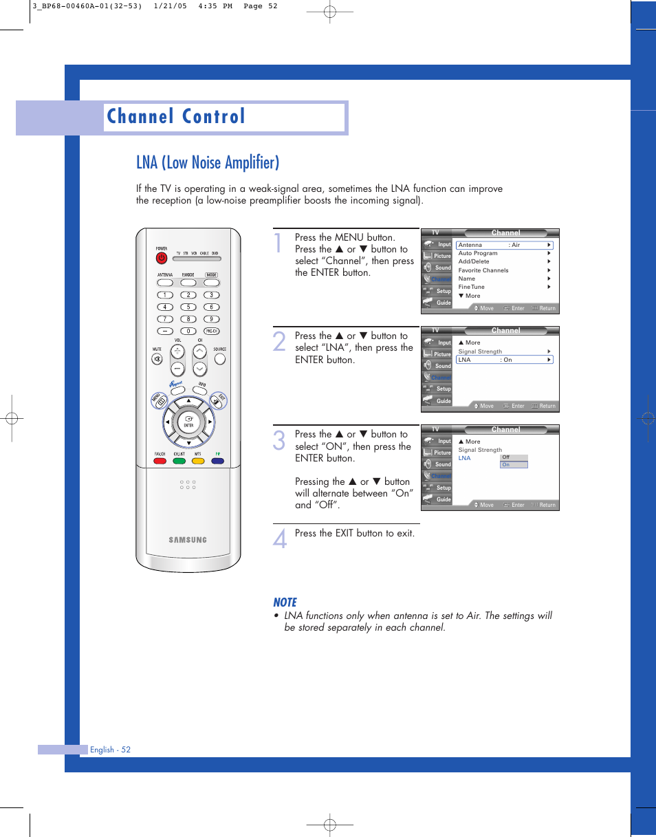Lna (low noise amplifier), Channel control | Samsung HL-R4677W User Manual | Page 52 / 104
