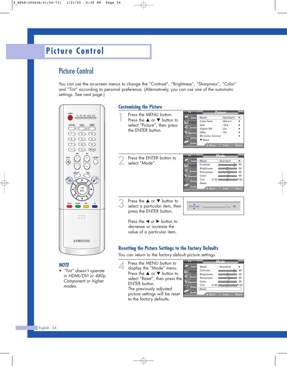 Picture control, Customizing the picture, Press the enter button to select “mode | Samsung HL-R4677W User Manual | Page 54 / 104