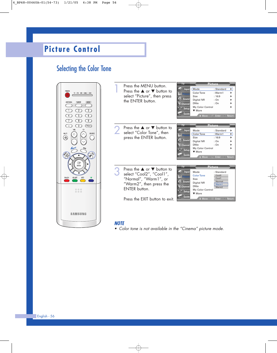Selecting the color tone, Picture control | Samsung HL-R4677W User Manual | Page 56 / 104