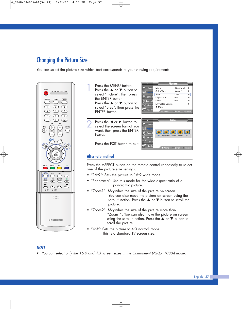 Changing the picture size, Alternate method | Samsung HL-R4677W User Manual | Page 57 / 104