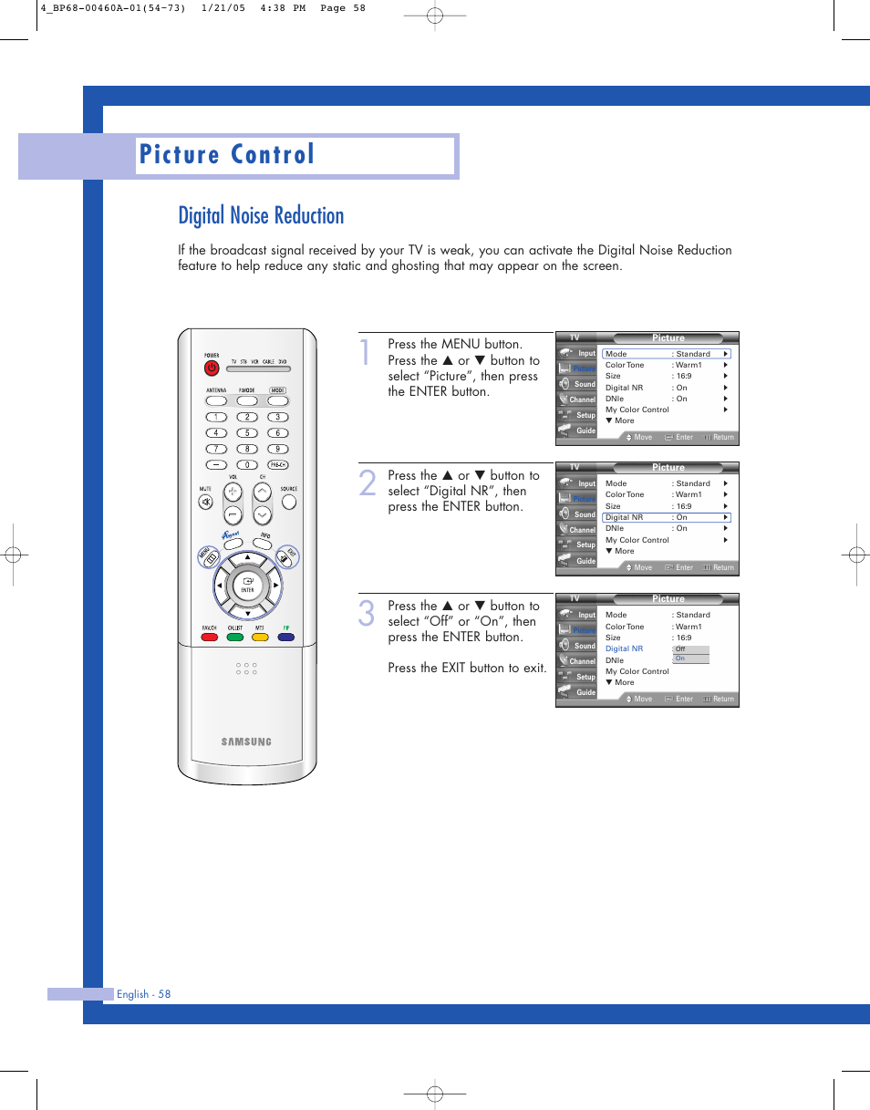 Digital noise reduction, Picture control | Samsung HL-R4677W User Manual | Page 58 / 104