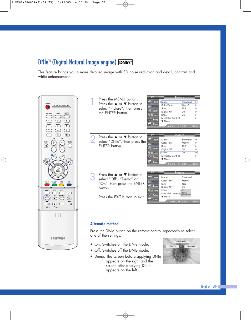 Dnietm (digital natural image engine), Dnie, Digital natural image engine) | Alternate method | Samsung HL-R4677W User Manual | Page 59 / 104