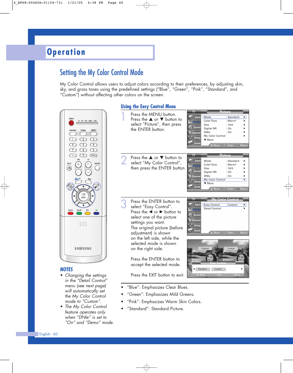 Setting the my color control mode, Operation, Using the easy control menu | Samsung HL-R4677W User Manual | Page 60 / 104