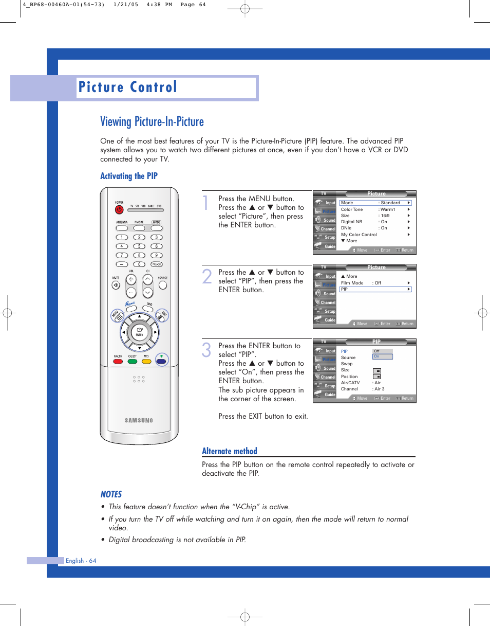 Viewing picture-in-picture, Picture control, Activating the pip | Alternate method | Samsung HL-R4677W User Manual | Page 64 / 104