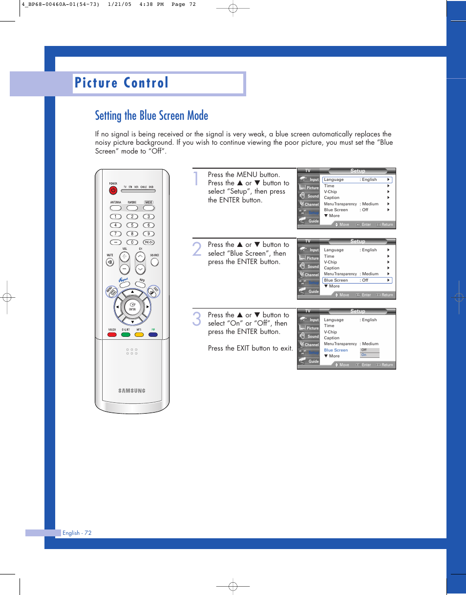 Setting the blue screen mode, Picture control | Samsung HL-R4677W User Manual | Page 72 / 104