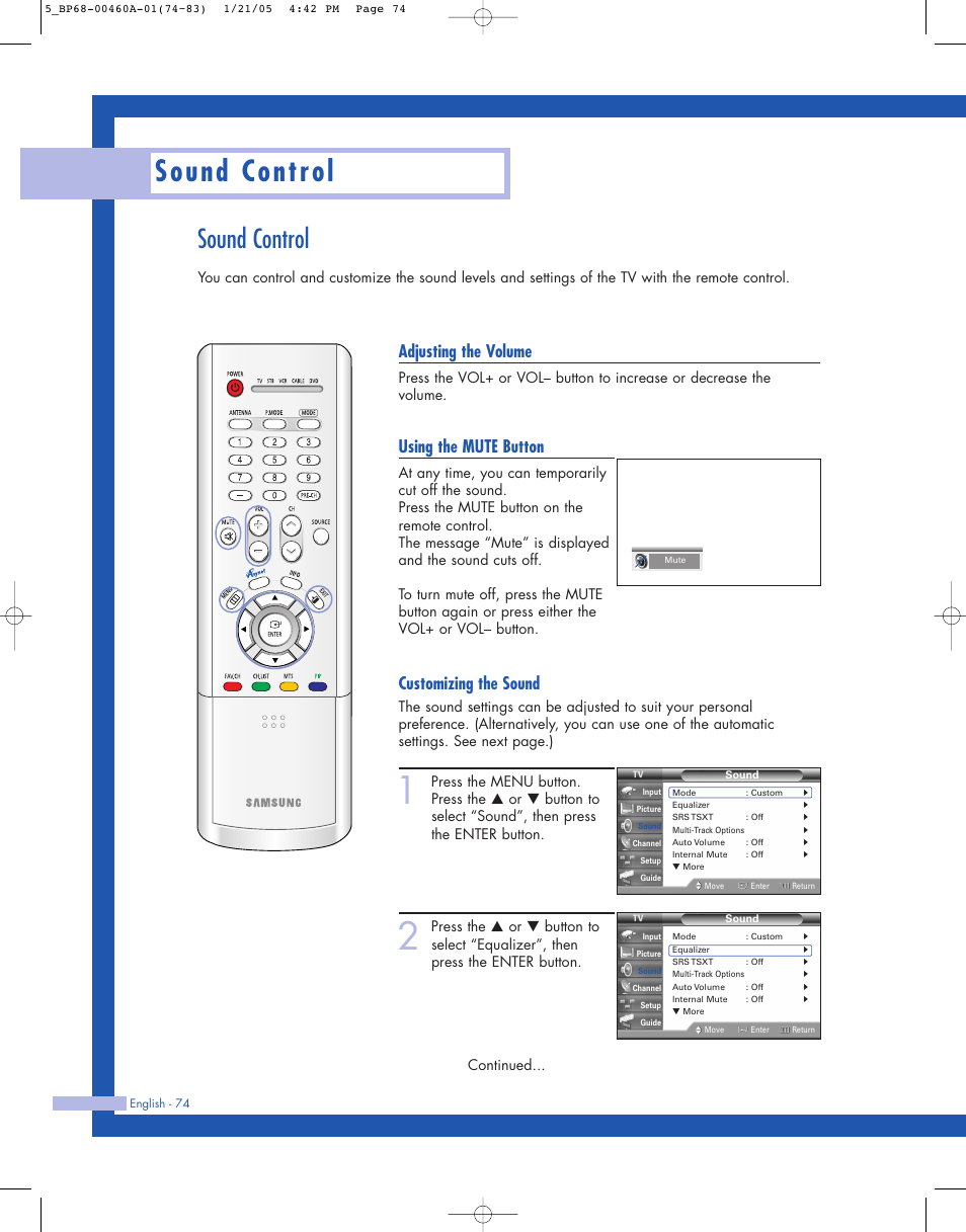 Sound control, Adjusting the volume, Using the mute button | Customizing the sound | Samsung HL-R4677W User Manual | Page 74 / 104