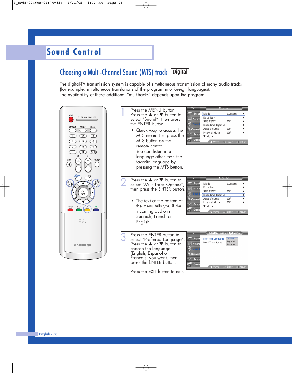 Choosing a multi-channel sound (mts) track, Sound control, Digital | Samsung HL-R4677W User Manual | Page 78 / 104