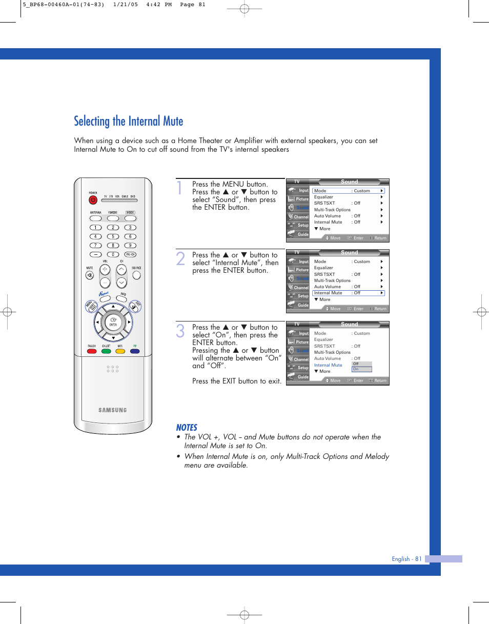 Selecting the internal mute | Samsung HL-R4677W User Manual | Page 81 / 104