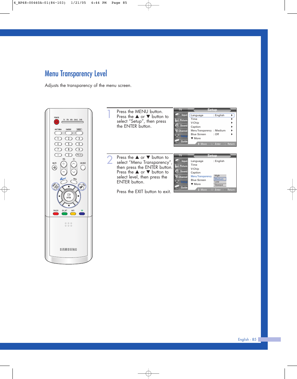 Menu transparency level, Adjusts the transparency of the menu screen | Samsung HL-R4677W User Manual | Page 85 / 104