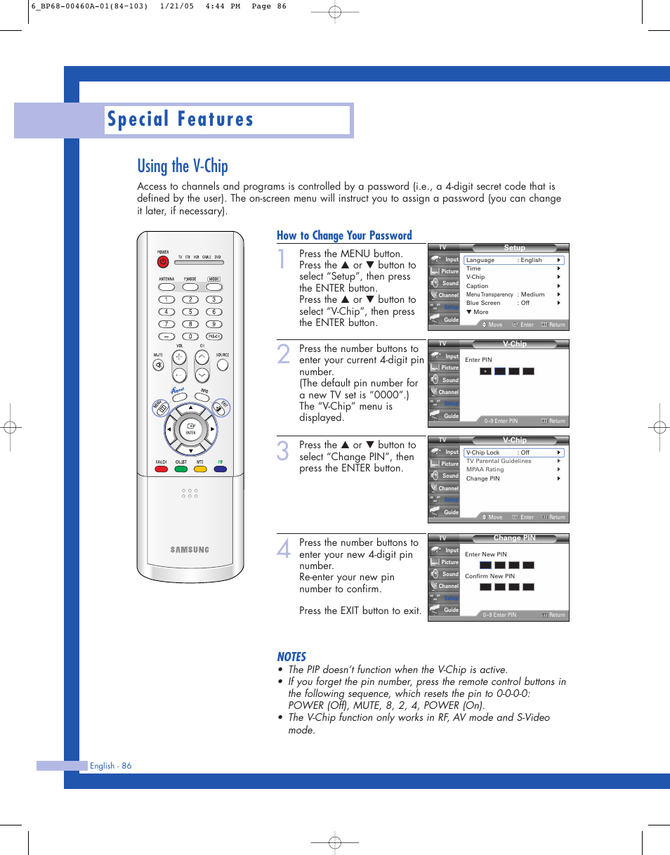 Using the v-chip, Special features, How to change your password | Samsung HL-R4677W User Manual | Page 86 / 104