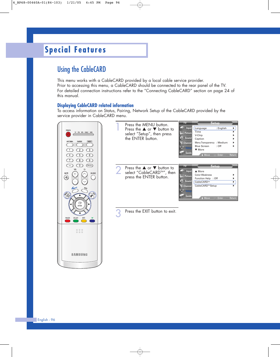 Using the cablecard, Special features, Displaying cablecard related information | Samsung HL-R4677W User Manual | Page 96 / 104