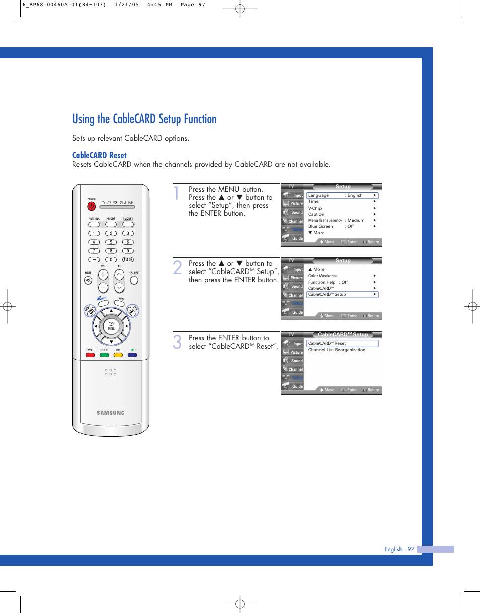 Using the cablecard setup function, Cablecard reset, Sets up relevant cablecard options | Press the … or † button to select “cablecard, Setup”, then press the enter button, Press the enter button to select “cablecard, Reset | Samsung HL-R4677W User Manual | Page 97 / 104