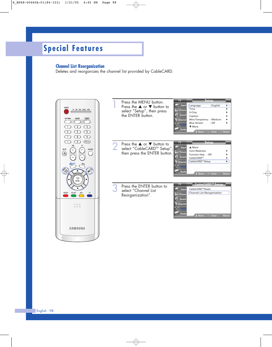 Special features, Channel list reorganization, Press the … or † button to select “cablecard | Setup”, then press the enter button | Samsung HL-R4677W User Manual | Page 98 / 104