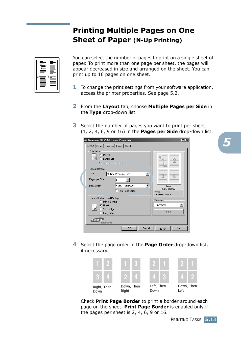 N-up printing), Printing multiple pages on one sheet of paper | Samsung ML 2550 User Manual | Page 100 / 231