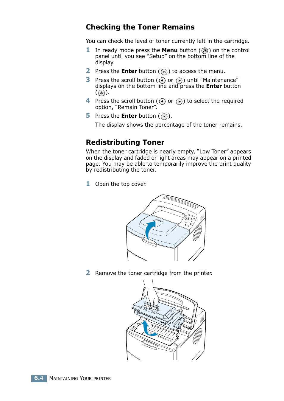 Checking the toner remains, Redistributing toner, Checking the toner remains redistributing toner | Samsung ML 2550 User Manual | Page 119 / 231