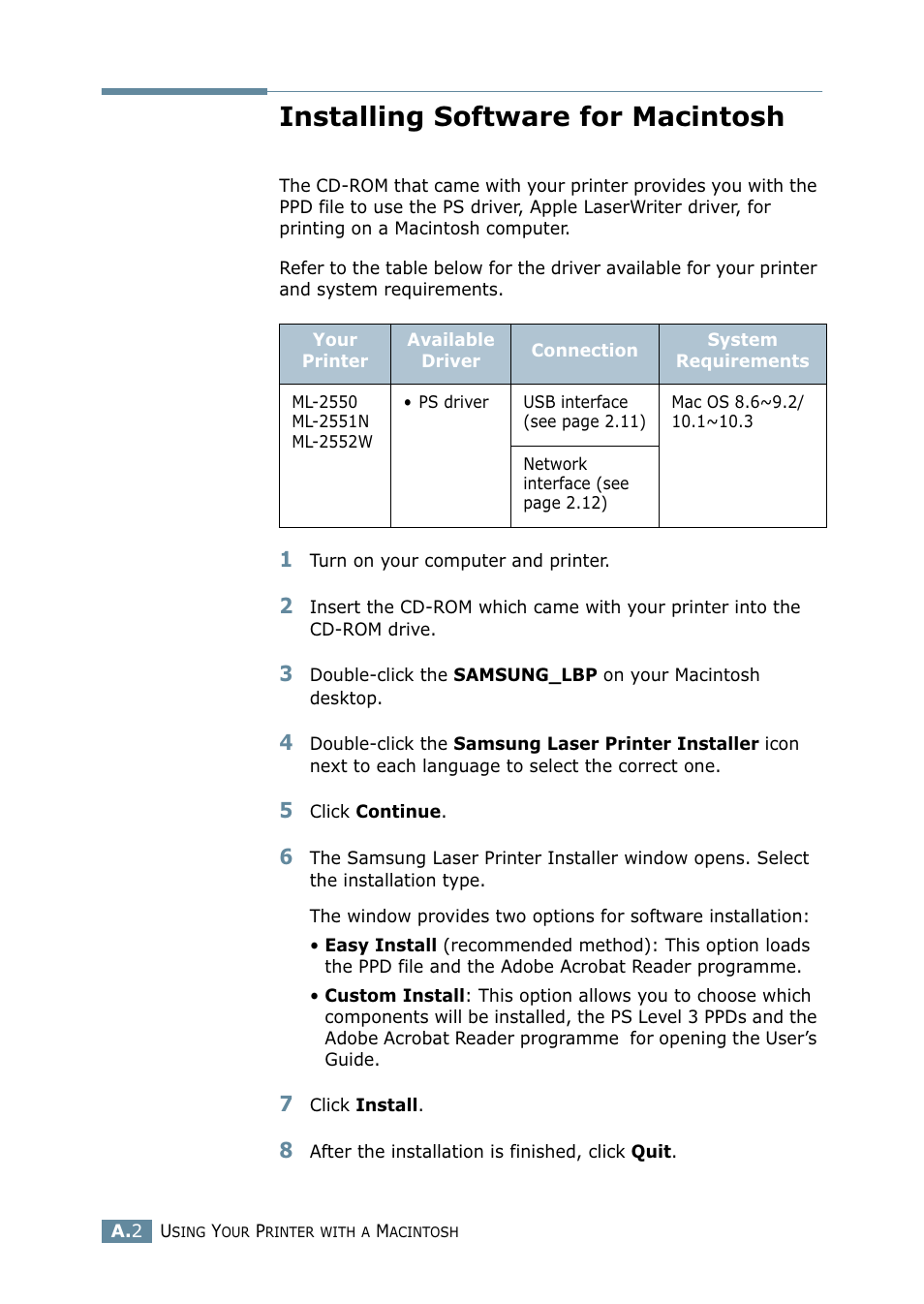 Installing software for macintosh | Samsung ML 2550 User Manual | Page 155 / 231