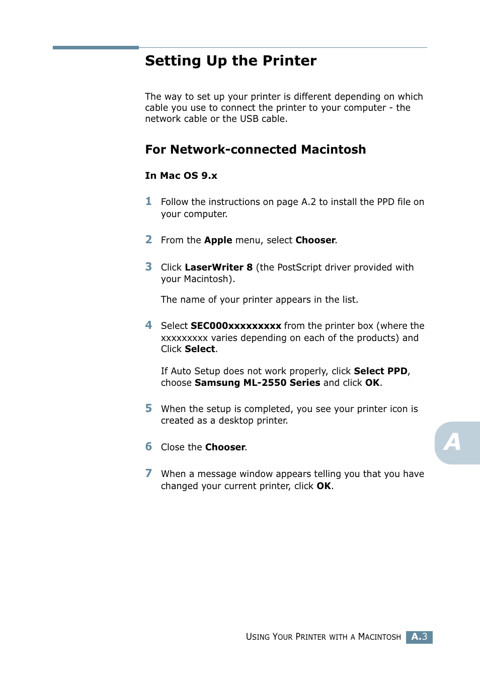 Setting up the printer, For network-connected macintosh | Samsung ML 2550 User Manual | Page 156 / 231