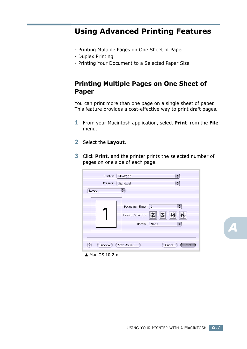 Using advanced printing features, Printing multiple pages on one sheet of paper | Samsung ML 2550 User Manual | Page 160 / 231