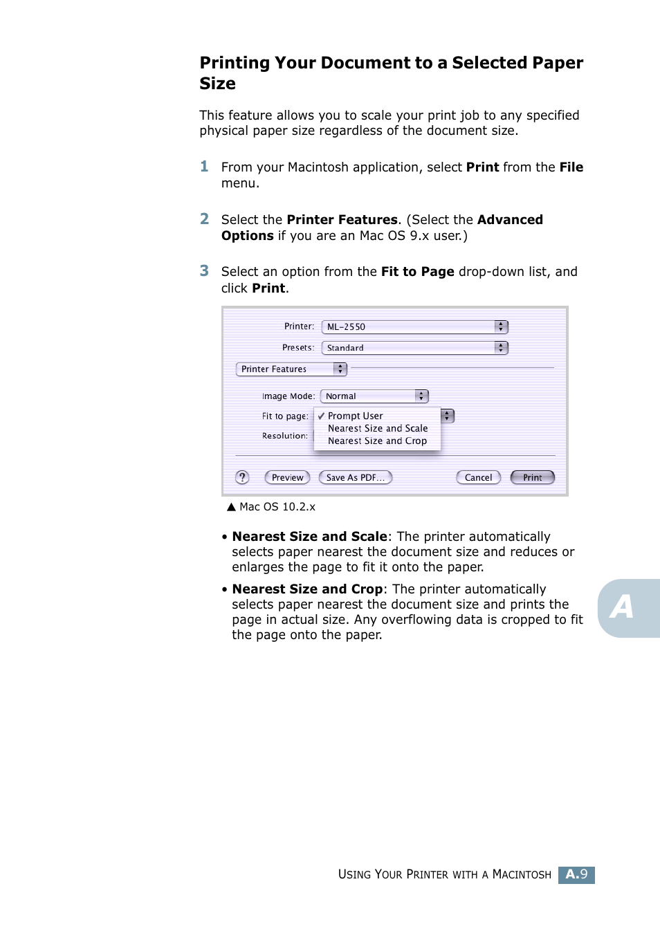 Printing your document to a selected paper size | Samsung ML 2550 User Manual | Page 162 / 231