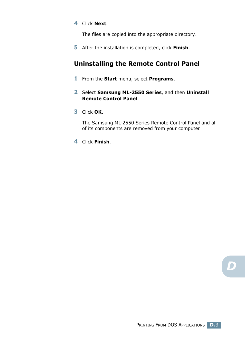 Uninstalling the remote control panel | Samsung ML 2550 User Manual | Page 182 / 231