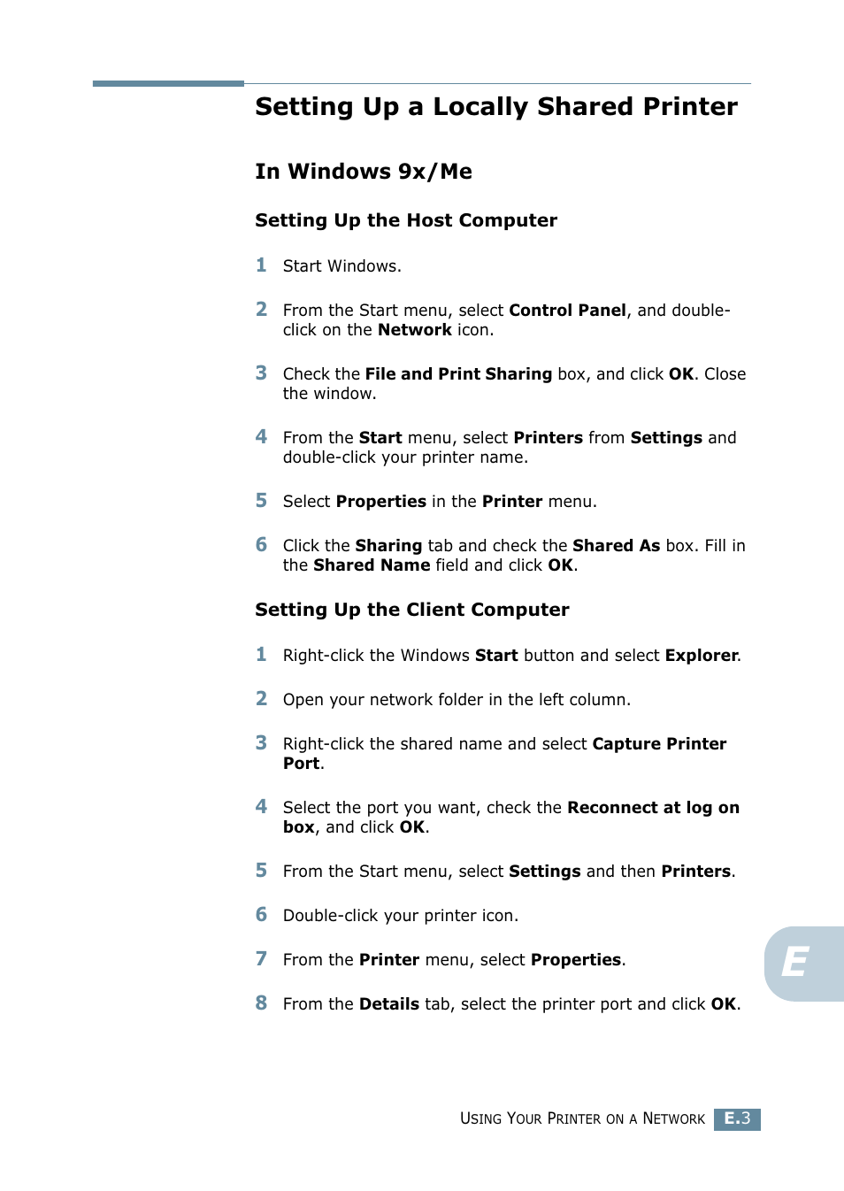 Setting up a locally shared printer, In windows 9x/me | Samsung ML 2550 User Manual | Page 194 / 231