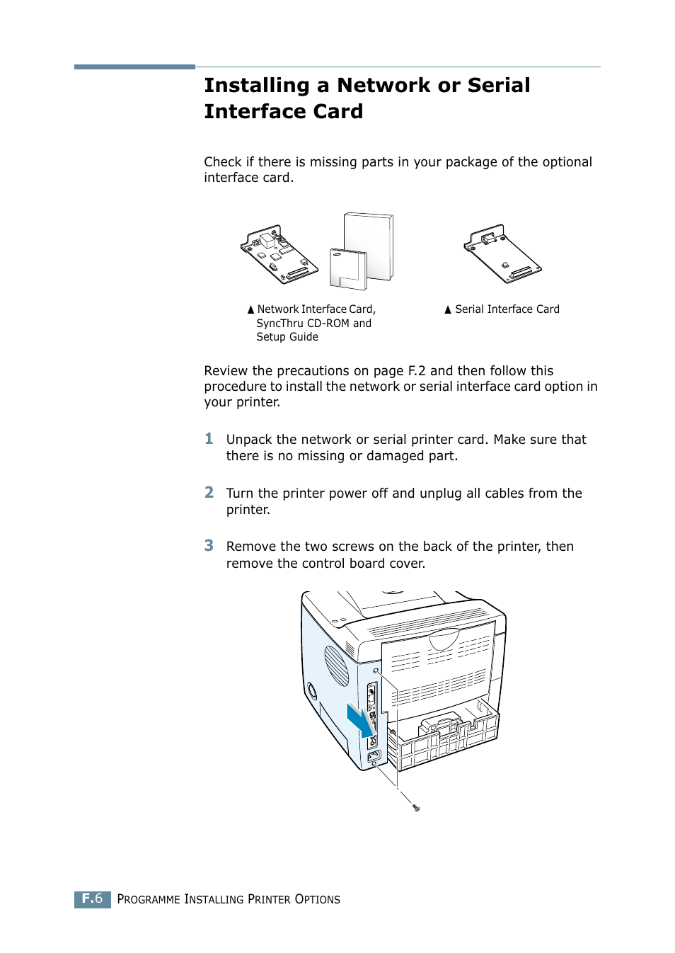 Installing a network or serial interface card | Samsung ML 2550 User Manual | Page 211 / 231