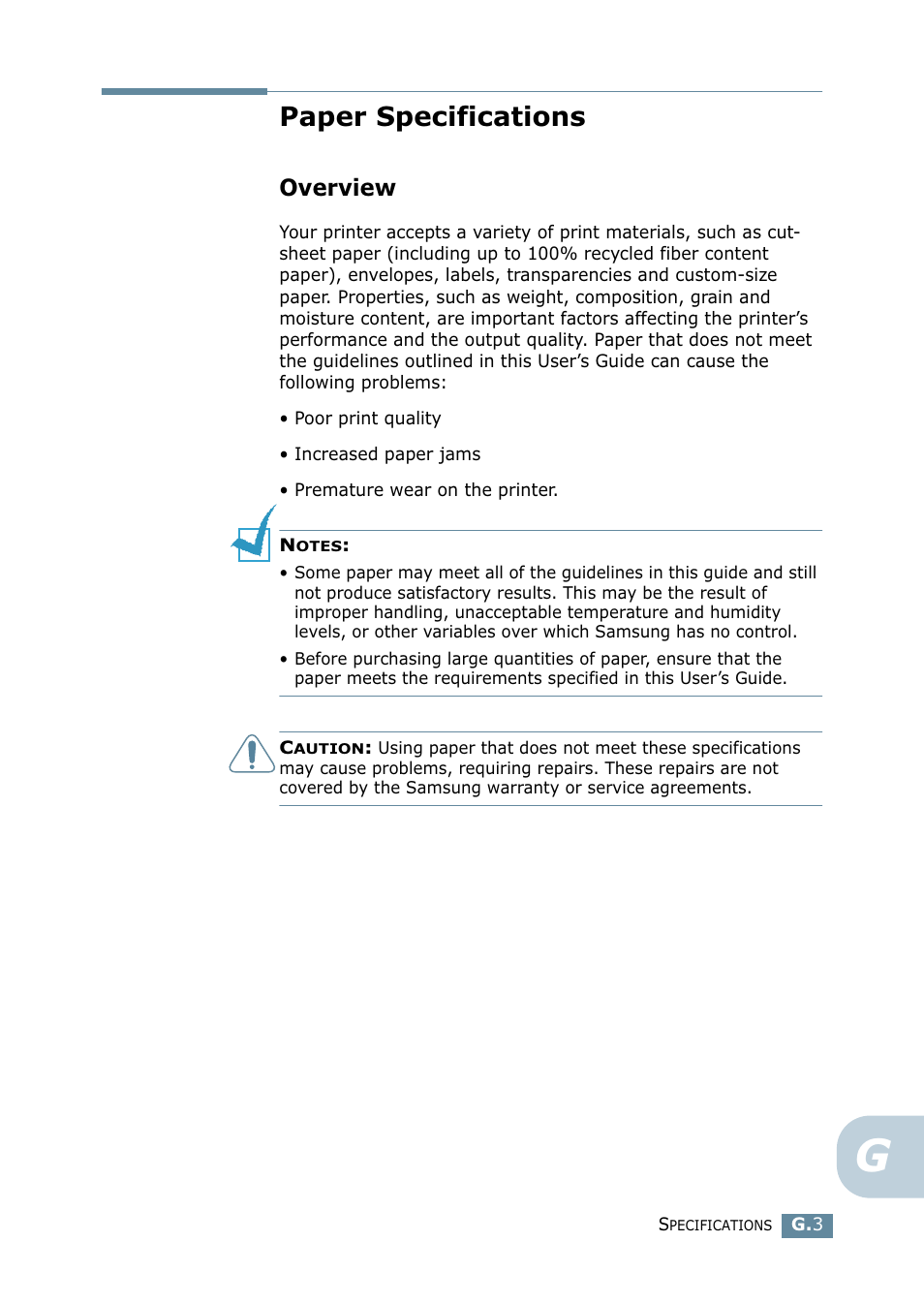 Paper specifications, Overview, Use only recommended print materials. see “paper | See “paper specifications, Y not meet paper specifications. see “paper | Samsung ML 2550 User Manual | Page 220 / 231